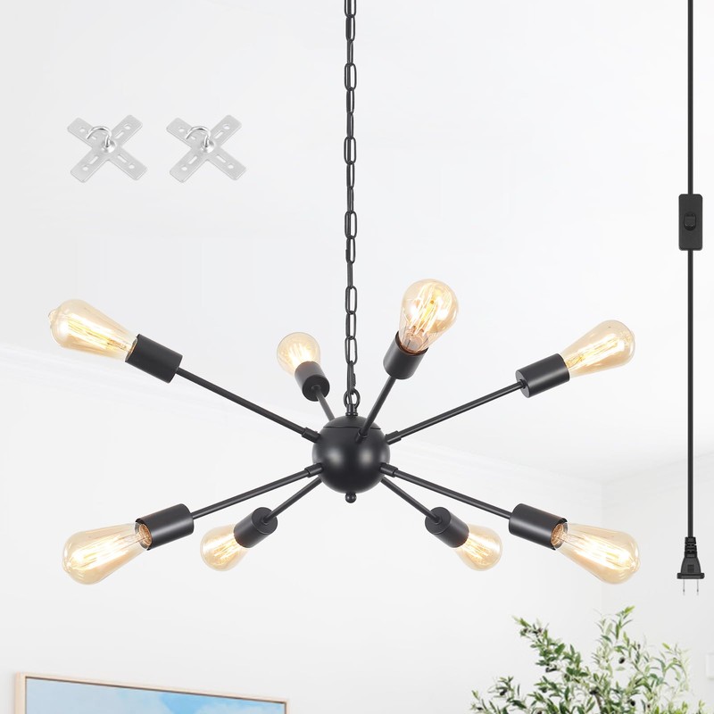 8 Lights Plug in Chandelier Black Hanging Lamp Plug-in Pendant