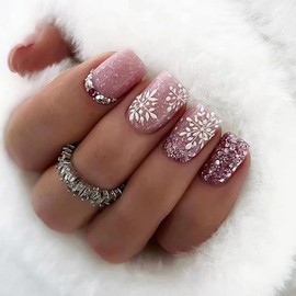 24Pcs Christmas Press on Nails Short Square Stick on Nails Pink Fake Nails with Rhinestones Designs White Snow Acrylic Nails Full Cover Glitter Glue on Nails Xmas False Nails for Women Girls