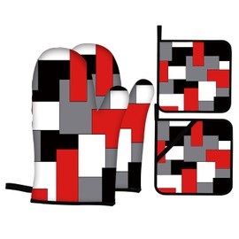 Red Black Grey White Oven Mitts and Pot Holders Sets of 4 Geometric Oven Gloves for Kitchen Baking Cooking Grilling (Red)