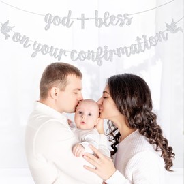 God Bless On Your Confirmation Banner, Mi Primera Comunion, Baptism Banner, Communion, Christening, Wedding, Baby Shower Party Decorations, Silver Glitter