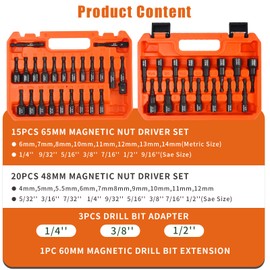 FTIHTRY 39Pcs Magnetic Nut Driver Set for Impact Drill, Metric & SAE Magnetic Impact Drill Driver Bit, 1/4" Hex Shank, Fully Magnetic Hex Nut Driver Drill Bit Master Kit, Black