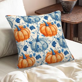 Fall Blue Orange Pumpkin Pillow Covers 16x16 Inch Set of 2 Autumn Themed Decorative Throw Pillows Outdoor Thanksgiving Farmhouse Decor Cushion Covers for Sofa Bed Couch Living Room