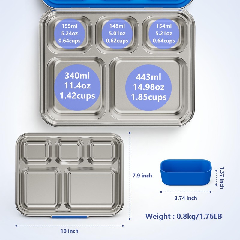 Pawtong Stainless Steel Lunch Box, 5-Compartment Bento Lunch Box for
