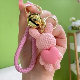 YEHJDSMD Resin Rabbit with a Bell Keychain Cartoon Knitting Wool Bunny Holding Heart Pendant Car Handbag Animal Keyring Key Chain Gift for Women Teens Girls Kids Backpack Purse - Pink, S