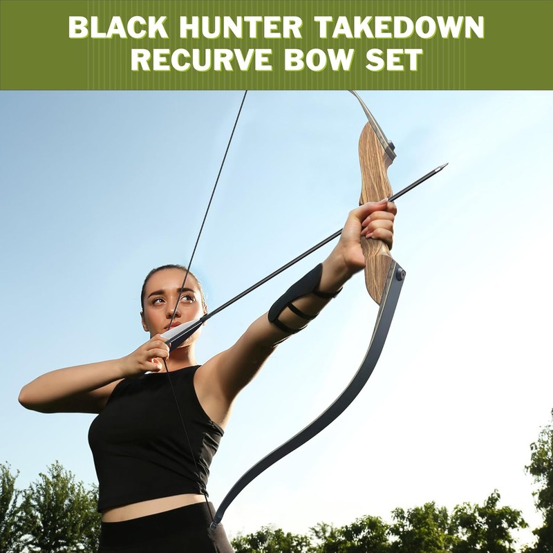Black Hunter Recurve Bow and Arrow Set, GLURAK 60'' Wooden