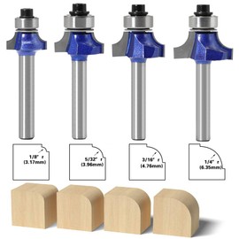 Hicello Trimmer Bit, Round Router Bit, 0.2 inch (6 mm) Axis, Set of 4, Tungsten Steel, Carbide Blades, Chamfering Cutter, Corner Round Milling Cutter, Bose Surface Bit, Groove, Chamfering, Decorative