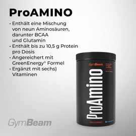 GymBeam GymBeam ProAMINO - BCAA Aminos?uren, Komplex aus neun Aminos?uren, Arginin und Beta-Alanin. Enth?lt 10,5 g Protein pro Dosis und ist angereichert mit der GreenEnergy? 390 g blaue Himbeere