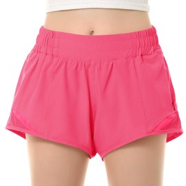 QooNoo Girls Athletic Shorts with Zipper Pocket Lightweight Elastic Waist Running Shorts for Teen Girls Kids Active Sports (Rose Red,X-Small)