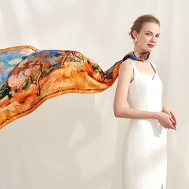 Prettystern Van Gogh Silk Stole Blue XXL Oversize Almond Tree Branches, Crepe Satin Silk - Villages