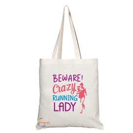 Coralgraph Inc TB1219 Beware Crazy Running Lady Novelty Present Gift Printed Eco-Friendly Stylish Long Handled Tote Shoulder Bag