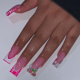 Duck Press on Nails Long French Tip Fake Nails Berry Rhinestone Full Cover Acrylic Nails Glossy Zebra Stripes French Nail Tip False Nails Flower Designs Square Glue on Nails for Women