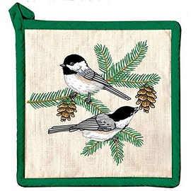 Paine's Chickadee & Branch Pot Holder 8"x8" 100% Cotton Tree Needles hot pad Bird
