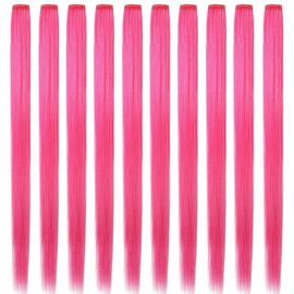 LSKJMO10PCS Pink 22 inch Colorful Party Highlights Clip in Colored Hair Extensions Multicolor Straight Synthetic Hairpieces for Women Kids Girls