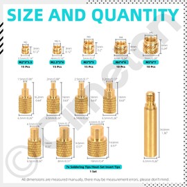 Cimeton 65PCS M2 M2.5 M3 M4 M5 Brass Knurled Threaded Insert, 7PCS M6.5 M8 M10 Soldering Tips Heat Set, Metric Knurled Nut Inserts Single-Head Threaded Inserts Tip for 3D Prints and More Projects