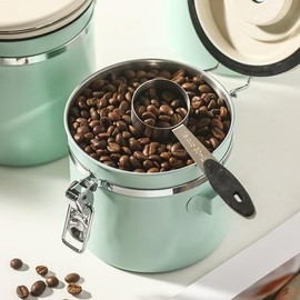 KACOMACO 350g Stainless Steel Airtight Coffee Storage Container, Coffee Grounds Beans Container with Date Dial Release Valve Spoon, Coffee Kitchen Canister with Airtight Lids for Tea Flour(Mint Green)