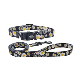 Olahibi Dog Collar and Leash Set, Cute Pink Daisy Pattern, Polyester Material, 5ft Matching Leash, for Puppy Dogs.(XS, Black Daisy)