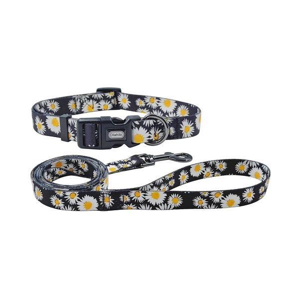Olahibi Dog Collar and Leash Set, Cute Pink Daisy Pattern,
