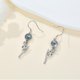 Sterling Silver Gun Earrings Revolver Gun Sunflower Dangle Earrings Western Jewelry Gifts for Women, Sterling Silver, No Gemstone