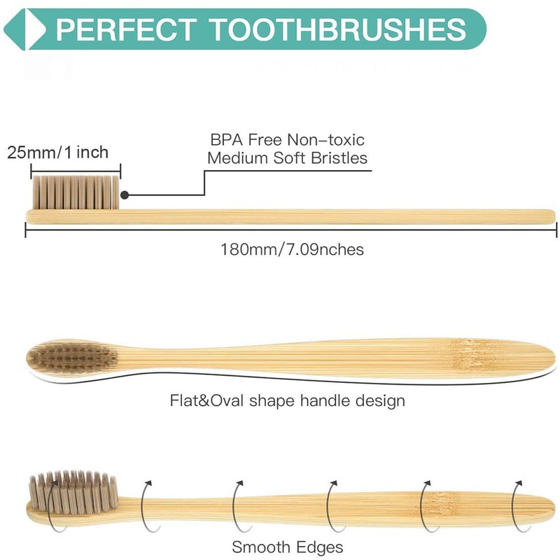3pk Family Eco-Friendly and Natural Organic Wooden Bamboo Toothbrushes, Biodegradable,