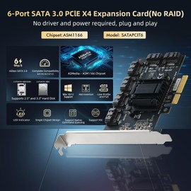 Binardat PCIE X4 to SATA Card 6 Port 6Gbps SATA 3.0 Controller with 6 SATA Cable and Low Profile Bracket for Windows 10/11