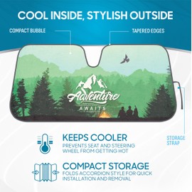 BDK Adventure Awaits Front Windshield Sunshade Accordion Folding Style Auto Shade for Cars Trucks SUVs Vans Blocks UV Rays Sun Visor Protector Easy Setup Keeps Your Vehicle Cool (58" x 27")