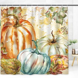Fall Shower Curtain Watercolor Pumpkin Decorative Bathroom Curtain with Hooks for Autumn Harvest Thanksgiving Home Hotel Bathroom Supplies, 72 x 72 Inch