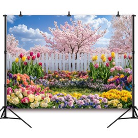 DePhoto 7x5FT Spring Garden Backdrop Secret Floral Garden Tulip Peach Blossom White Fence Backdround for Spring Easter Birthday Party Decoration Vinyl