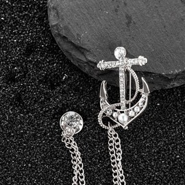 Crystal Boat Anchor Suit Pin with Double Hanging Chains Elegant Collar Lapel Pin for Men Shirt Suit Tuxedo Suit Accessories Jewelry Gifts (Silver)