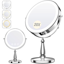 WOOCICA Makeup Mirror with Lights, 20X Magnifying Mirror with Light for Women, 5000 mAh Vanity Mirror with Lights and 3 Colors, 2-Sided Lighted Magnified Mirrors for Delicate Makeup, 9 Inch