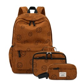 Tanweibago Backpack for Girls Boy Teen Corduroy Bookbags Elementary Middle High School Women Laptop Bag with Lunch Box Pencil Bag (Smile Brown)