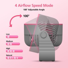 Rechargeable Table Fan Wall-Mounted, 7 Inch Quiet Portable Fan Cooling Fan Wireless Hanging Design with Adjustable Tilt & 4 Airflow Speed Fan for Bedroom, Kitchen, Office & Outdoors, Rose