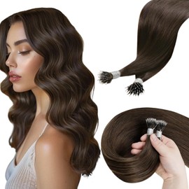 Hetto Nano Hair Extensions Natural Brown Nano Ring Human Hair Extensions Brown Silky Straight Invisible #4 18 Inch 50g 50s