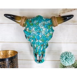 Ebros 11.5" W Turquoise Mosaic Steer Bison Bull Head W/ Horns Wall Mount Decor