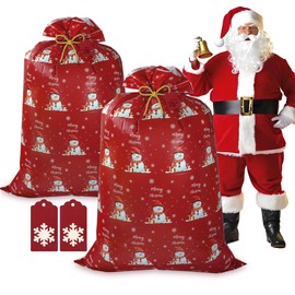 Childom 2 Pcs Large Christmas Gift Bags,Large Gift Bag 57"x 37" Jumbo Christmas Gifts Bag,Giant Plastic Gifts Bags with Tag,Rope,XL Red Snowman Sack for Huge Presents,Xmas Decor,Party Favors Wrapping
