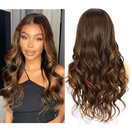 Sapphirewigs Brown Wig Lace Front Wig Highlight Synthetic Wavy Balayage Kanekalon Futura Wig Party Date Daily Wear Natural Looking Wig 24inch