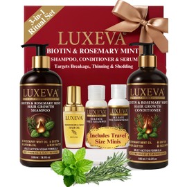LUXEVA 3 in 1 Biotin & Rosemary Mint Shampoo & Conditioner Set For Women | Professional Botanical Hair Growth Shampoo and Conditioner For Thinning Hair, Scalp Health & Natural Volume | 16oz Each