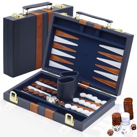 YUJUVI Backgammon Set Suitcase for 2 Players, Classic t 11 Inch Board Game with High-Quality Leather Case, Portable and Travel Backgammon Set (11 Inches, Navy Blue)