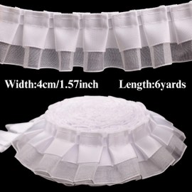 IDONGCAI Ruffle Trim 2-Layer Satin Organza Pleated Edging Trimmings 4cmx6yd Lace Ribbon for Crafts Embellishment (White)