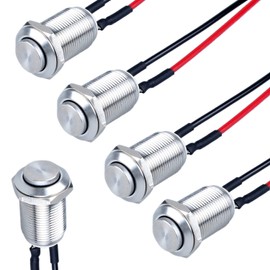 DMWD 5pcs 12mm Latching Push Button Switch High Round Head ON-Off Normally Open with Pre-soldered Cable Stainless Steel 1NO 12V 24V 36V 110V 250V Waterproof IP66 Without LED(Silver)