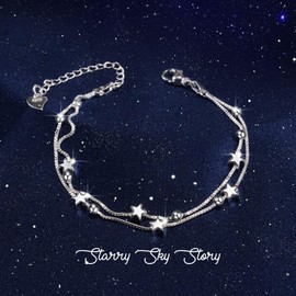 QianSiLi Inspirational Gifts For Women 2 In 1 925 Silver Bracelet For Girls Adjustable Friendship Bracelet Charm Bracelets For Womens Anniversary/Birthday/Valentines Day Gift for Women (6 Stars)