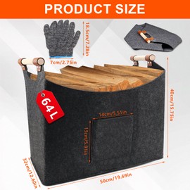 WJMY Firewood Basket Felt XL (64L, 50 x 32 x 40 cm), Large Wood Basket for Firewood, Extra Thick Felt, Foldable Firewood Basket, with Wooden Handle and Gloves, for Firewood, Shopping