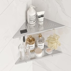 Qeke 10" Bathroom Corner Shelf, 2 Pack Recessed Shower Shelf Caddy, SUS304 Stainless Steel Shelf Wall Mount Triangular, No Drilling Brushed Nickel