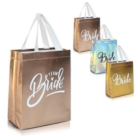 Nush Nush Set of 12 Reusable Rose Gold Gift Bags for Bride & Bridesmaids - With 3 x Bride Bags and 9 x Team Bride Bags - For Wedding Favors, Bachelorette Party, Bridesmaid Gifts - 8" x 4" x10"