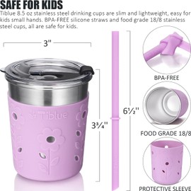 Tiblue Kids & Toddler Cups - Spill Proof Stainless Steel Smoothie Tumblers with Leak Proof Lids, Silicone Straw with Stopper & Sleeve - BPA FREE Snack Cups for Baby Girls Boys(4 Pack, 8oz Multicolor)