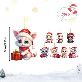 XQMMGO Pack of 8 Christmas Tree Decorations, Christmas Tree Decorations Animals Fun, Acrylic Fun Christmas Ornaments for Porch, Hallway, Office, Dorm, Holiday (Gift Cat)