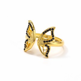 Dikixe Elegant Butterfly Ring with Black Zircon Stones,18K Gold Plated Stainless Steel Western Charming Open Adjustable Statement Ring, Cocktail Party Ring Jewelry Gift for Women