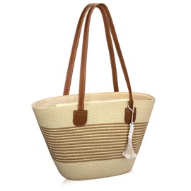 iSamzan Straw Beach Tote Bag for Women, Large Woven Purse with Zipper for Summer Travel, Beach Vacation Shoulder Bag (beige)