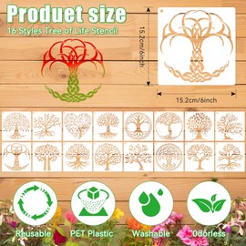 16 PCS 6 x 6 Inch Tree of Life Stencils, Plant Reusable Plastic Paint Templates for Painting on Wood, Trees Stencils Set for Rock Canvas Drawing Art Fabric Tile Home DIY Craft Decoration