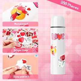 Zonon 200 Pcs Valentines Day Stickers Heart Water Bottle Scrapbook Stickers Assorted Design Romantic Waterproof Stickers for Kids Teens Bike Luggage Laptop Skateboard Decor(Delicate Style)