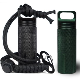 Storm-Strike Waterproof EDC Capsule 2 Pack with Heavy Duty 550 Paracord Lanyard Necklace - Double Striker, Emergency Camping Essentials Kit, Airtight Aluminum Pill Bottle (3PCS) (Navy Green/Black)